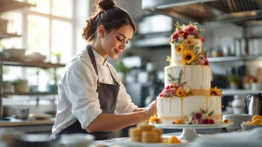 A beautiful specialty cake being decorated